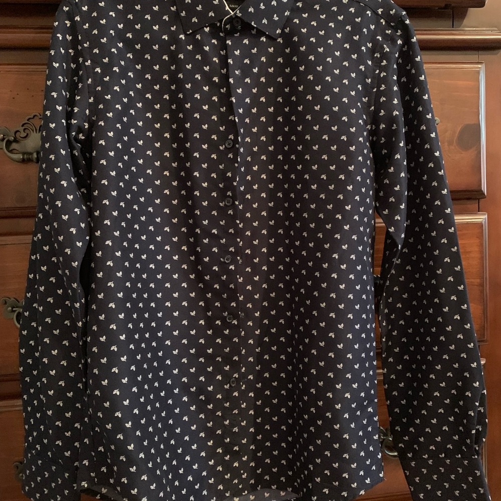 Black Button-Up Shirt with White Heart Pattern